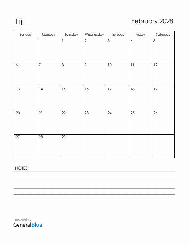 February 2028 Fiji Calendar with Holidays (Sunday Start)