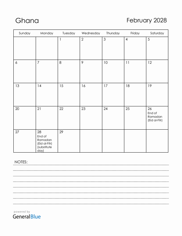 February 2028 Ghana Calendar with Holidays (Sunday Start)