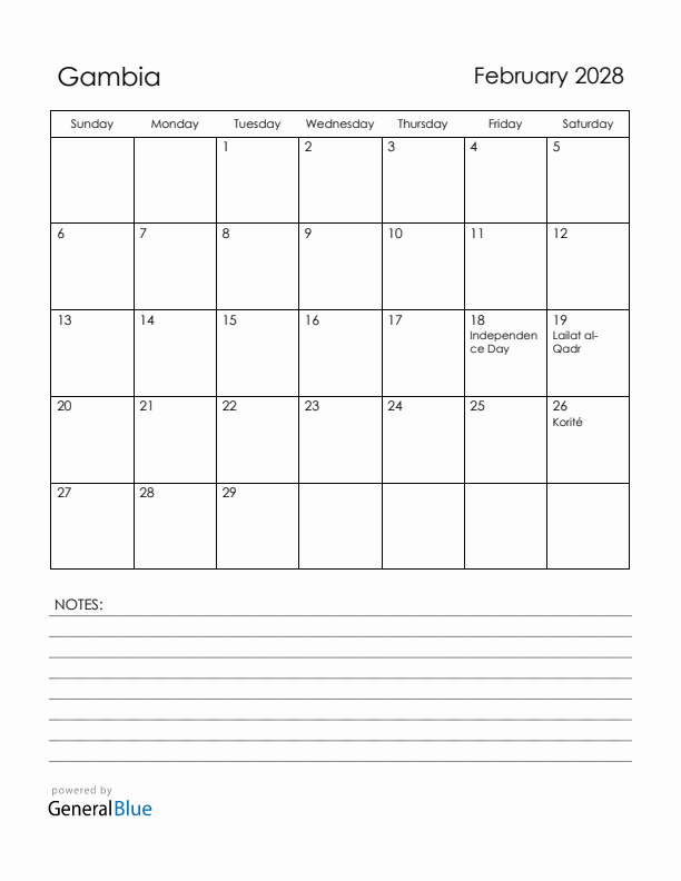 February 2028 Gambia Calendar with Holidays (Sunday Start)