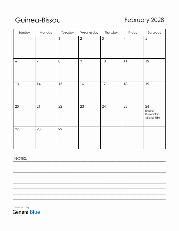 February 2028 Guinea-Bissau Calendar with Holidays (Sunday Start)