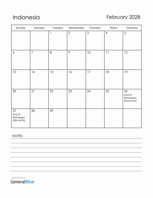 February 2028 Indonesia Calendar with Holidays (Sunday Start)