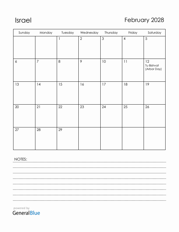 February 2028 Israel Calendar with Holidays (Sunday Start)