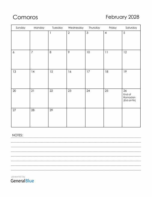 February 2028 Comoros Calendar with Holidays (Sunday Start)