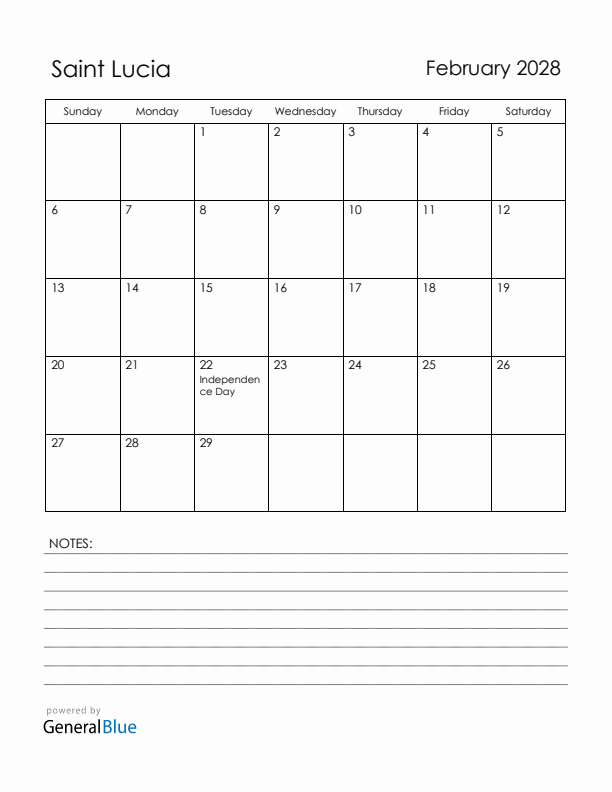 February 2028 Saint Lucia Calendar with Holidays (Sunday Start)