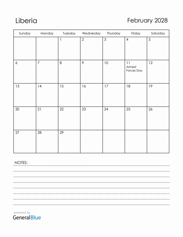 February 2028 Liberia Calendar with Holidays (Sunday Start)