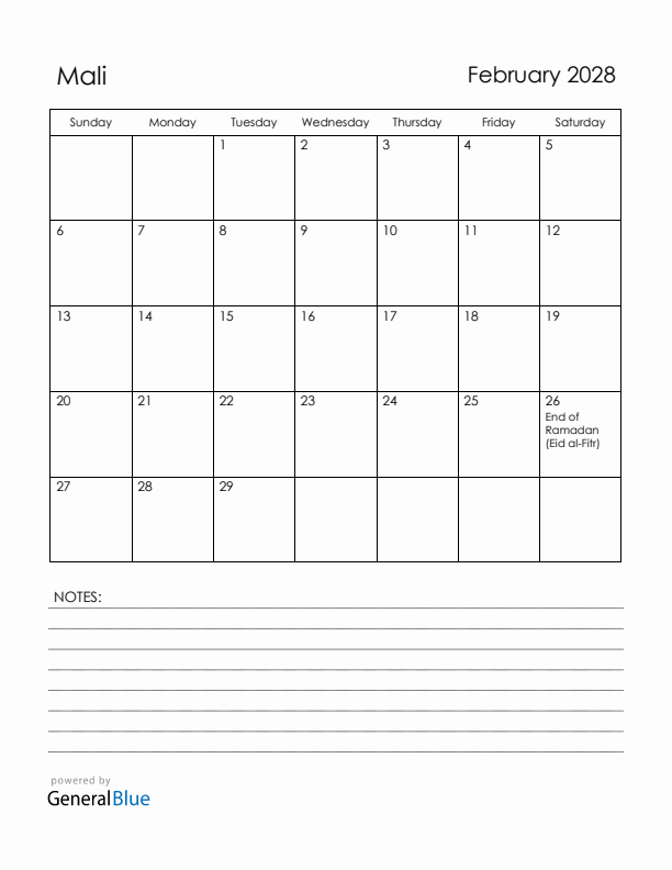 February 2028 Mali Calendar with Holidays (Sunday Start)