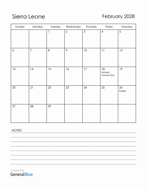 February 2028 Sierra Leone Calendar with Holidays (Sunday Start)
