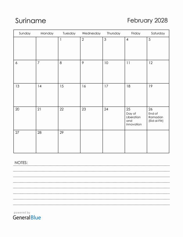 February 2028 Suriname Calendar with Holidays (Sunday Start)