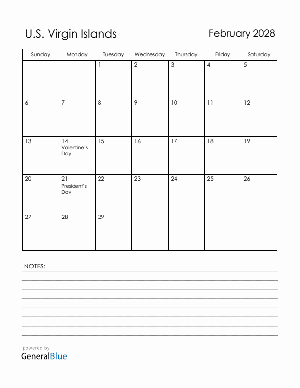 February 2028 U.S. Virgin Islands Calendar with Holidays (Sunday Start)