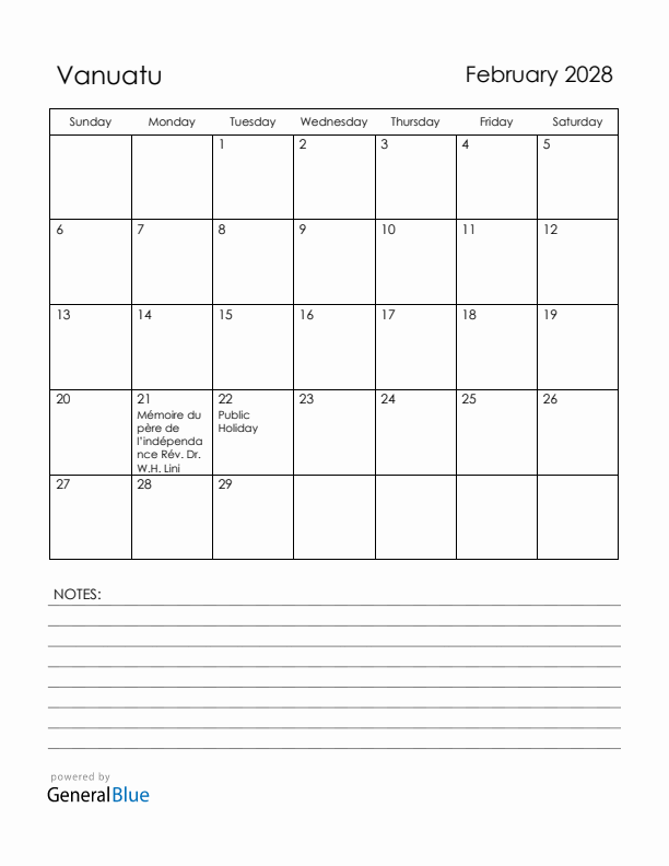 February 2028 Vanuatu Calendar with Holidays (Sunday Start)