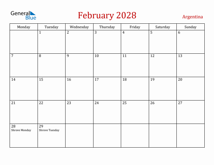 Argentina February 2028 Calendar - Monday Start