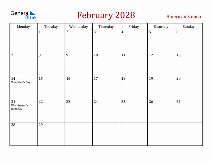 American Samoa February 2028 Calendar - Monday Start