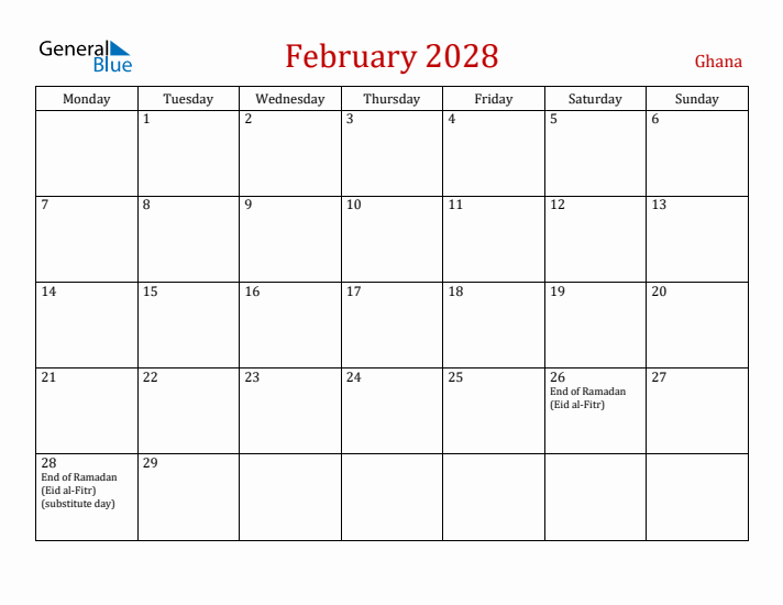 Ghana February 2028 Calendar - Monday Start