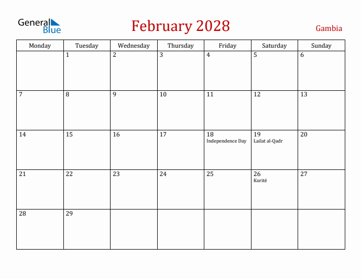 Gambia February 2028 Calendar - Monday Start