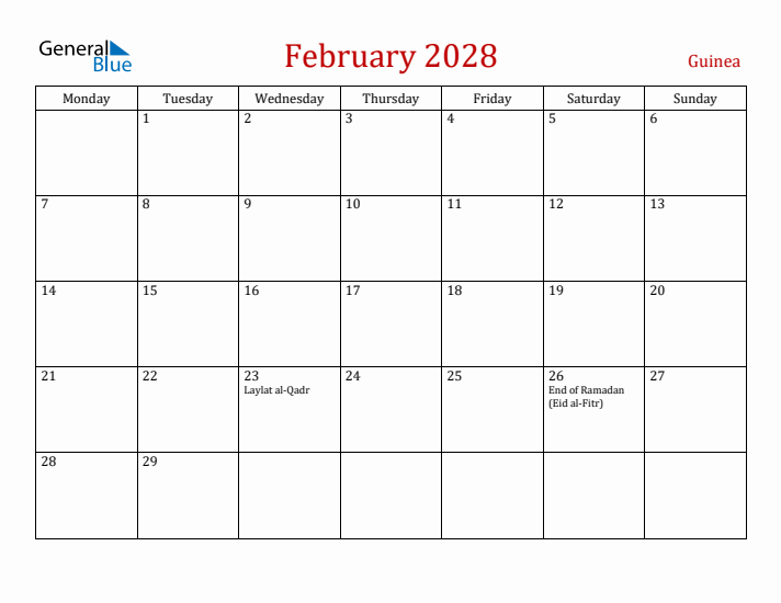 Guinea February 2028 Calendar - Monday Start