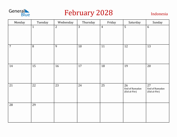 Indonesia February 2028 Calendar - Monday Start