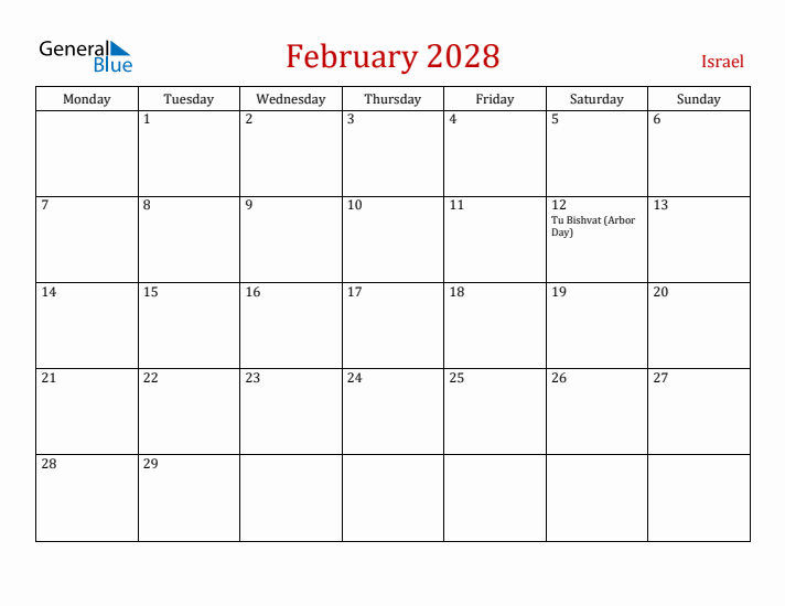 Israel February 2028 Calendar - Monday Start