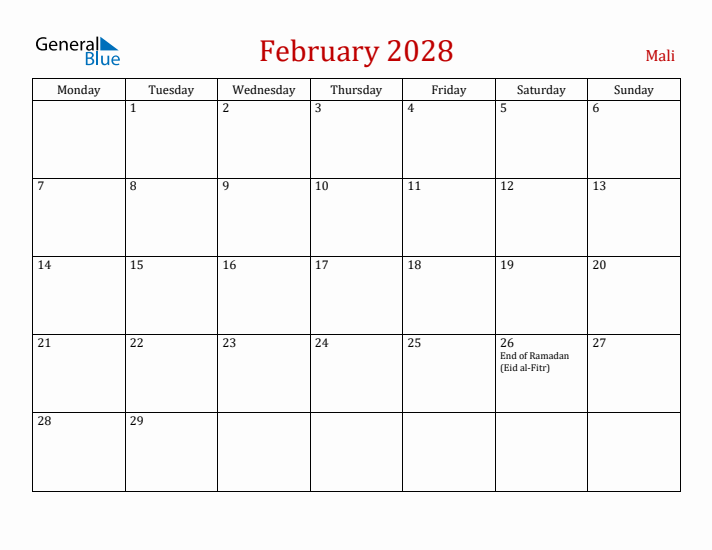 Mali February 2028 Calendar - Monday Start