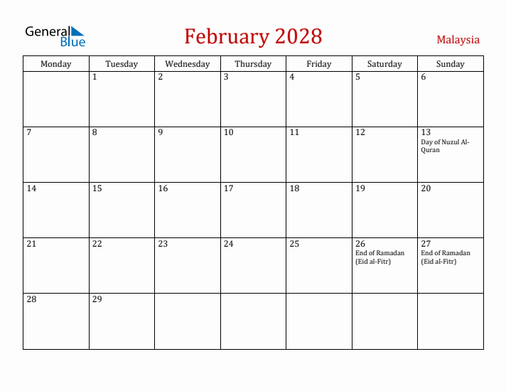 Malaysia February 2028 Calendar - Monday Start