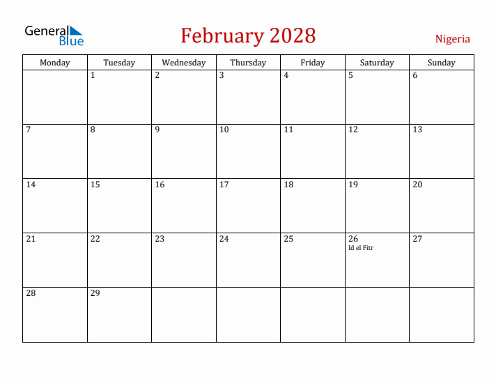 Nigeria February 2028 Calendar - Monday Start