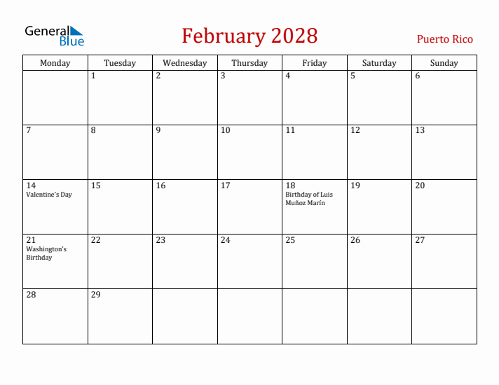 Puerto Rico February 2028 Calendar - Monday Start