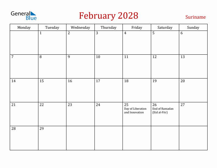 Suriname February 2028 Calendar - Monday Start