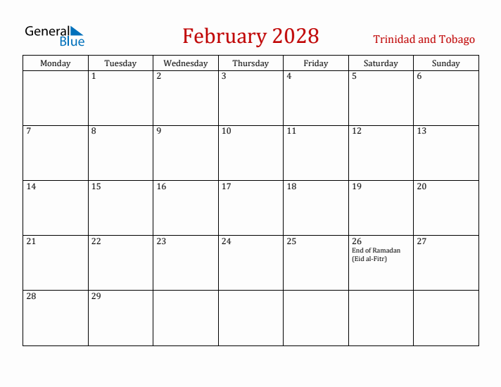 Trinidad and Tobago February 2028 Calendar - Monday Start