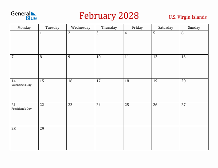 U.S. Virgin Islands February 2028 Calendar - Monday Start