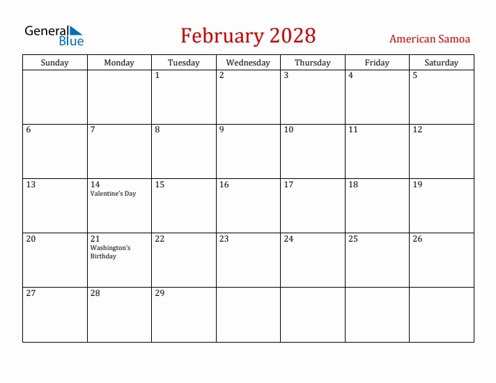 American Samoa February 2028 Calendar - Sunday Start