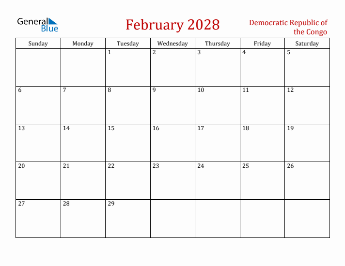 Democratic Republic of the Congo February 2028 Calendar - Sunday Start
