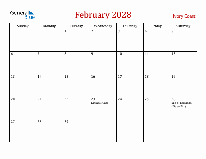 Ivory Coast February 2028 Calendar - Sunday Start