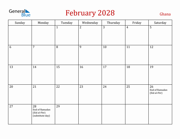 Ghana February 2028 Calendar - Sunday Start