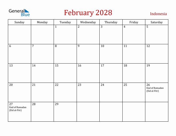 Indonesia February 2028 Calendar - Sunday Start