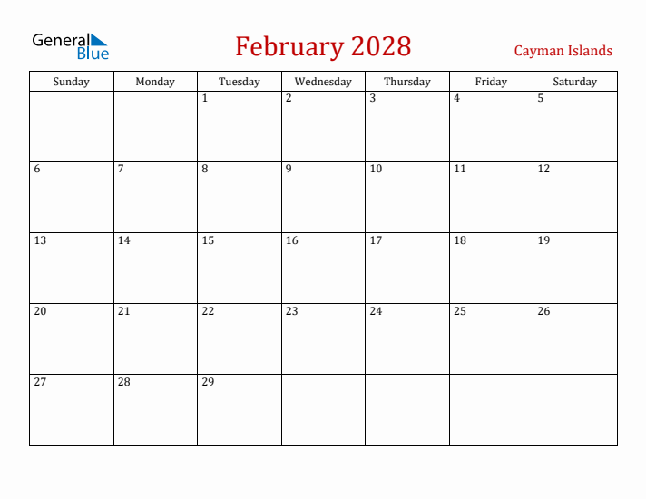 Cayman Islands February 2028 Calendar - Sunday Start