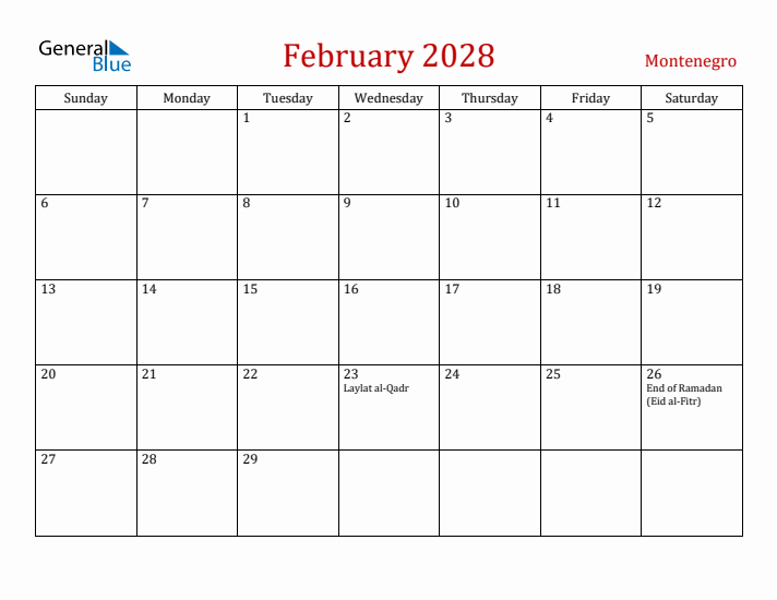 Montenegro February 2028 Calendar - Sunday Start
