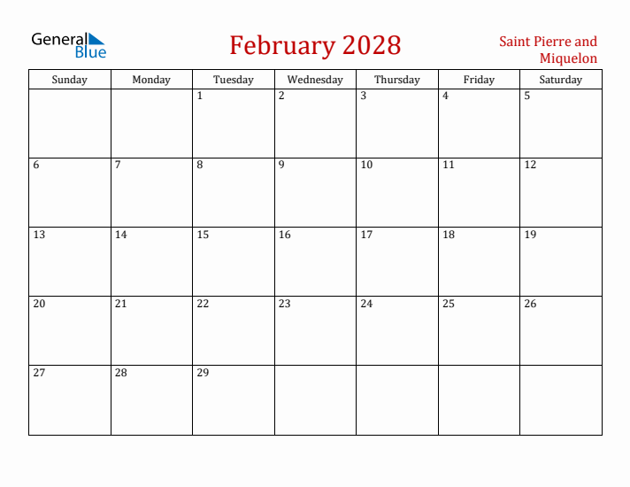 Saint Pierre and Miquelon February 2028 Calendar - Sunday Start