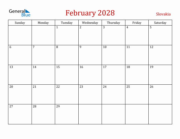 Slovakia February 2028 Calendar - Sunday Start
