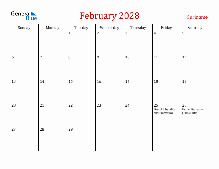 Suriname February 2028 Calendar - Sunday Start