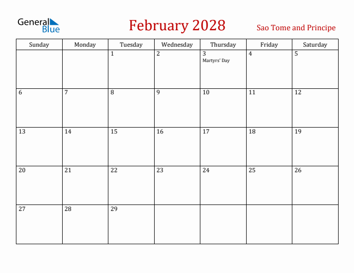 Sao Tome and Principe February 2028 Calendar - Sunday Start