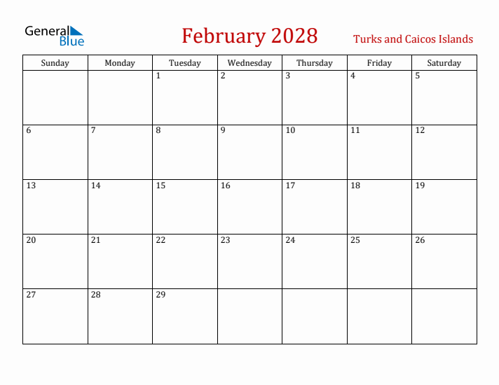 Turks and Caicos Islands February 2028 Calendar - Sunday Start