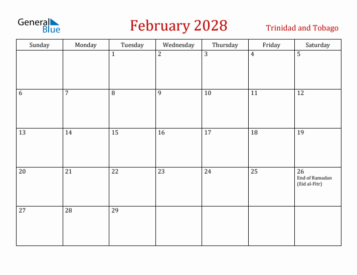 Trinidad and Tobago February 2028 Calendar - Sunday Start