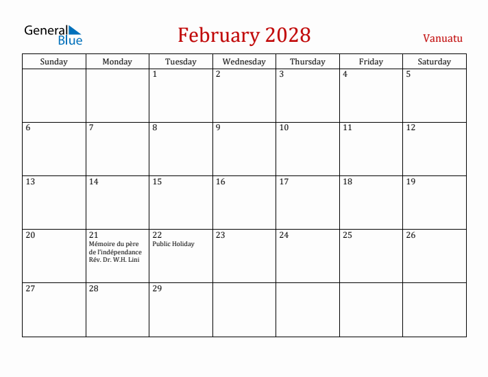 Vanuatu February 2028 Calendar - Sunday Start