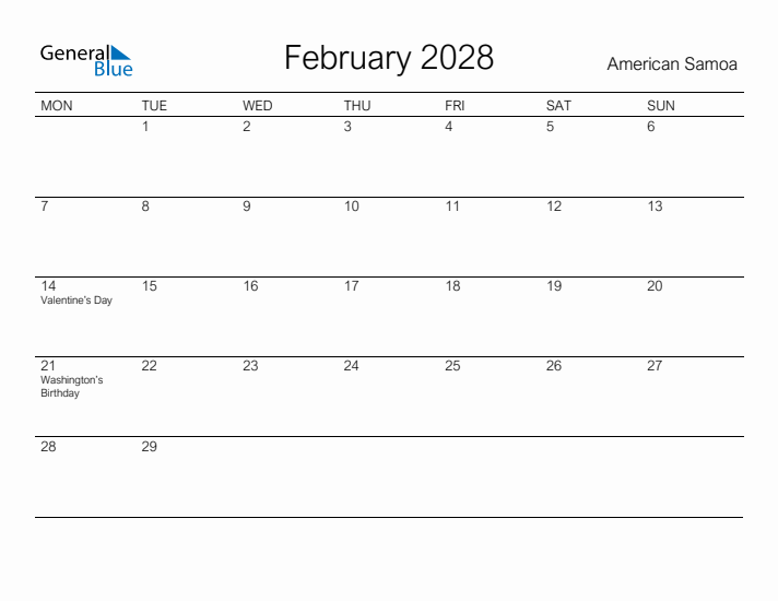 Printable February 2028 Calendar for American Samoa