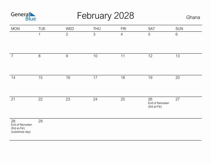 Printable February 2028 Calendar for Ghana