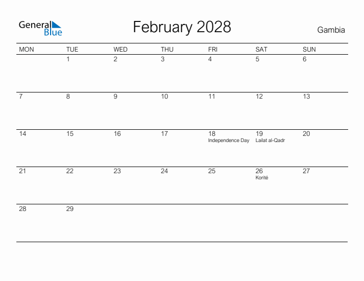 Printable February 2028 Calendar for Gambia