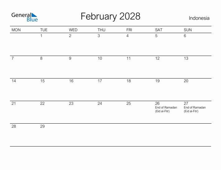 Printable February 2028 Calendar for Indonesia