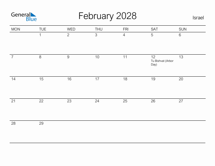 Printable February 2028 Calendar for Israel