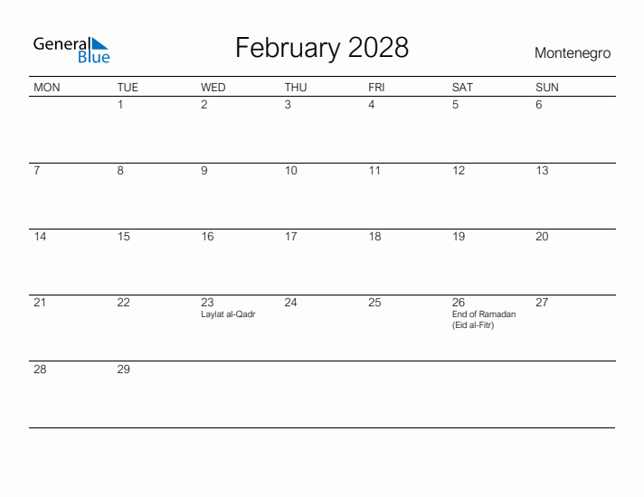 Printable February 2028 Calendar for Montenegro