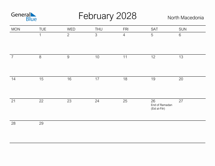Printable February 2028 Calendar for North Macedonia