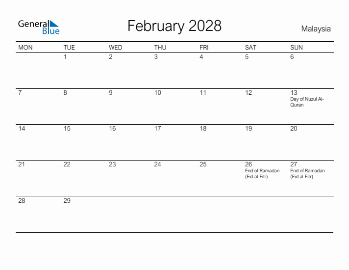 Printable February 2028 Calendar for Malaysia